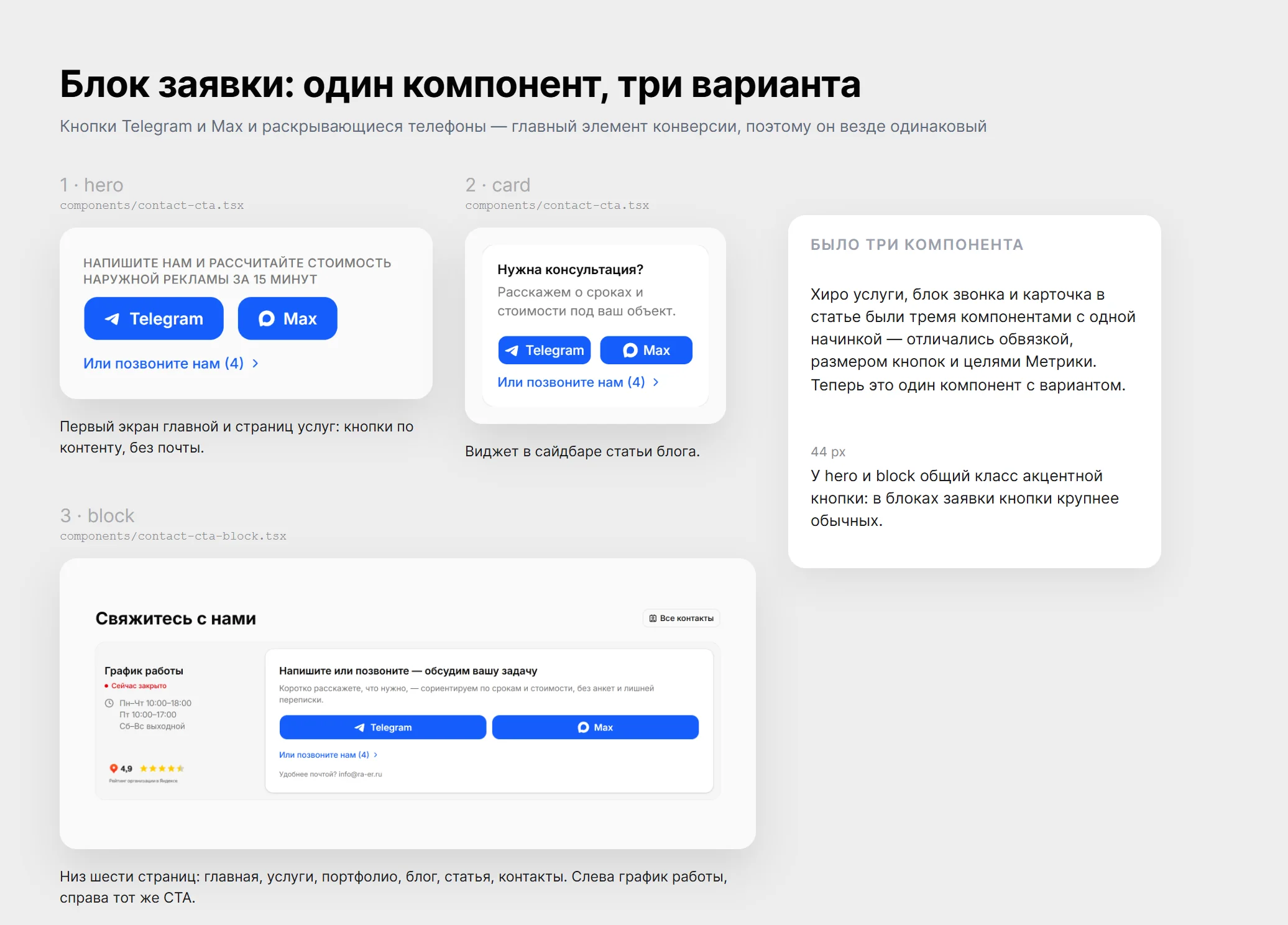Блок заявки в трёх вариантах: первый экран, виджет в статье и блок «Свяжитесь с нами»