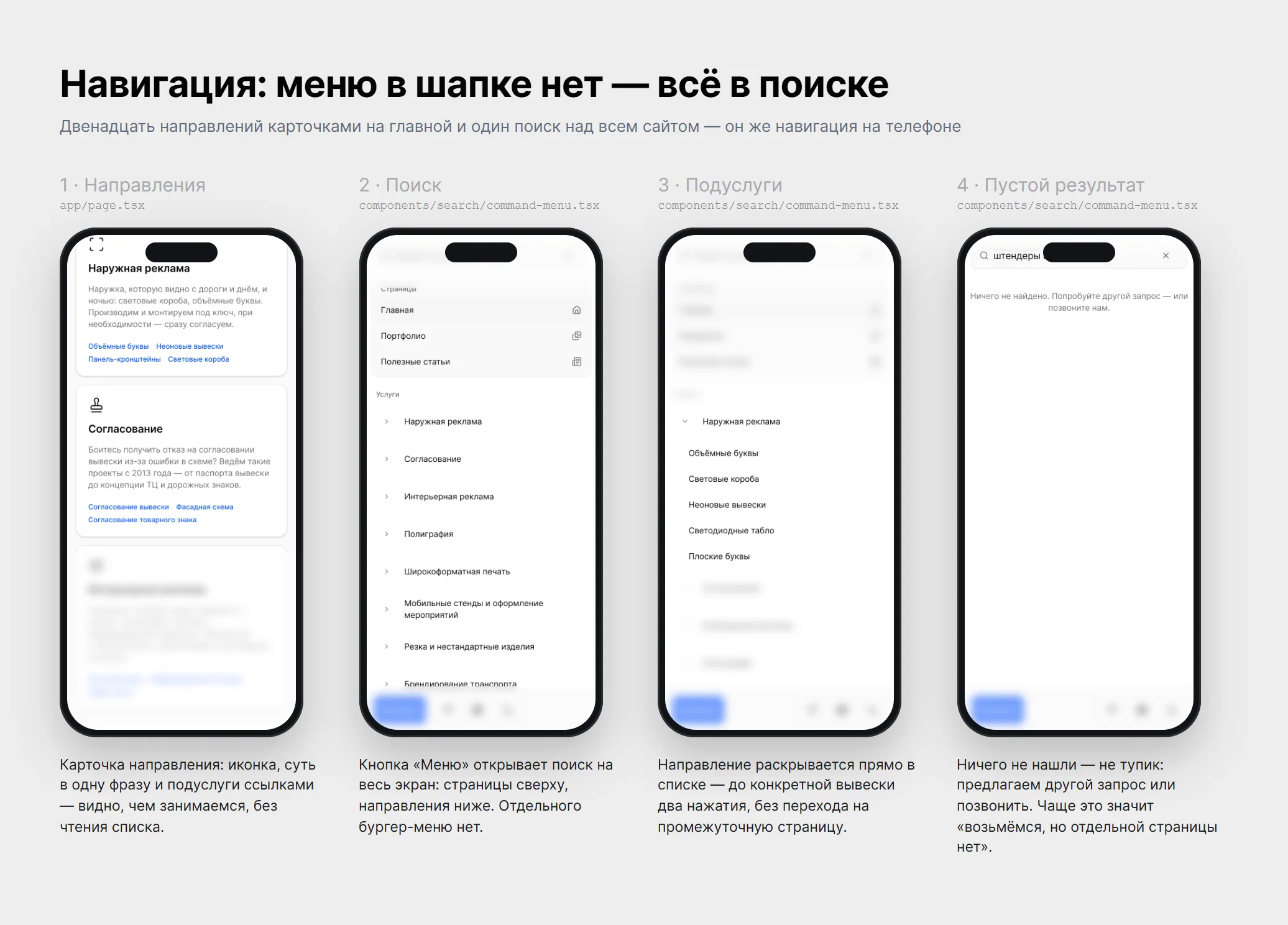 Навигация на телефоне: карточки направлений, поиск на весь экран, раскрытое направление и пустой результат