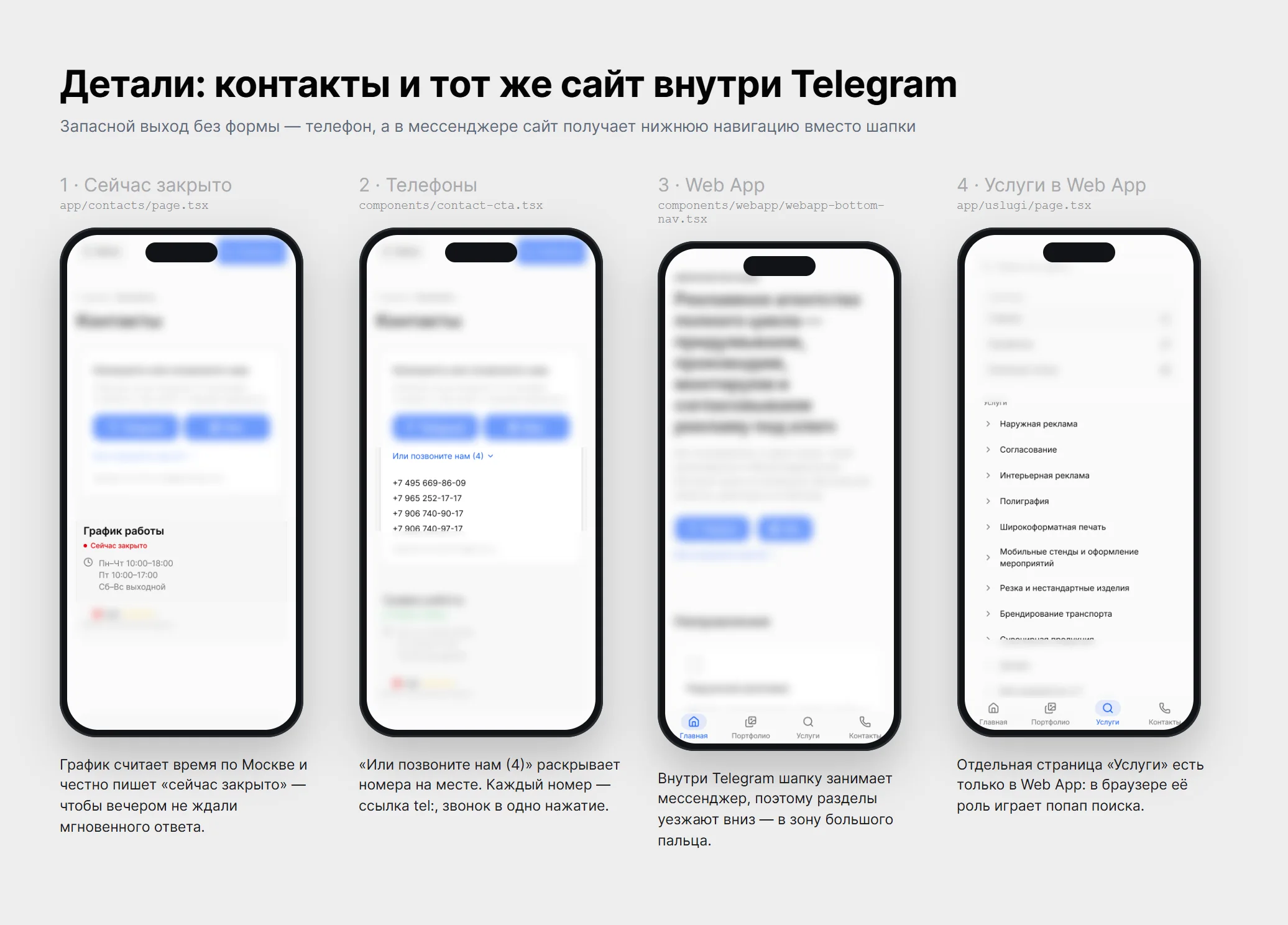 Контакты с графиком и раскрытыми телефонами, сайт внутри Telegram Web App с нижней навигацией