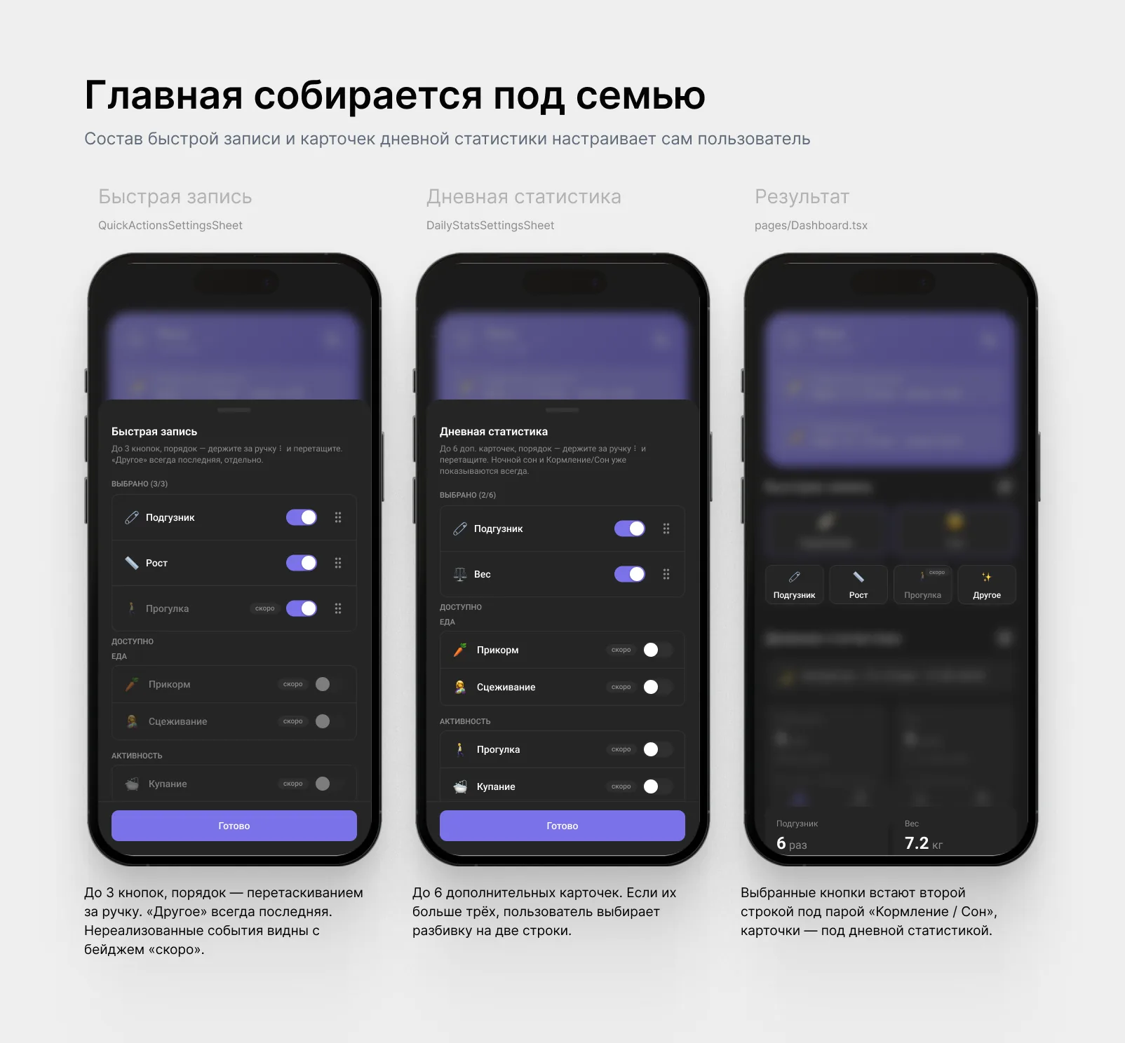 Шторки настройки быстрой записи и&nbsp;дневной статистики: переключатели и&nbsp;перетаскивание для порядка